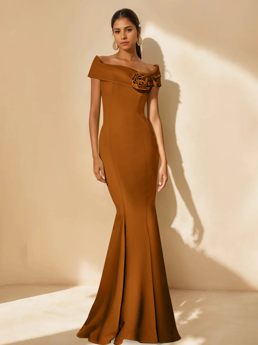 Minimalist Off the Shoulder Mother of the Bride Dress in Trumpet Mermaid Style with Detachable Flower
