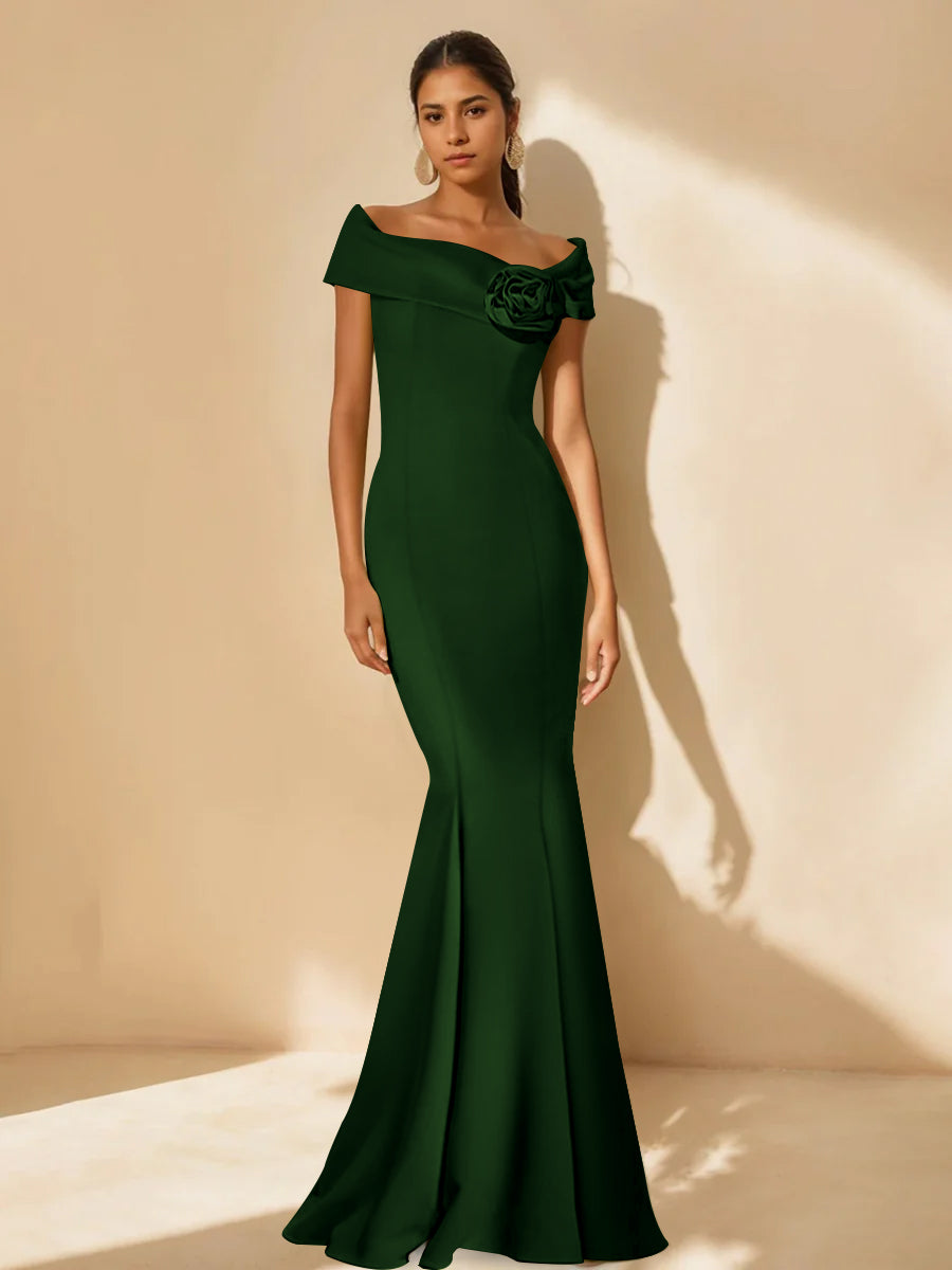 Minimalist Off the Shoulder Mother of the Bride Dress in Trumpet Mermaid Style with Detachable Flower