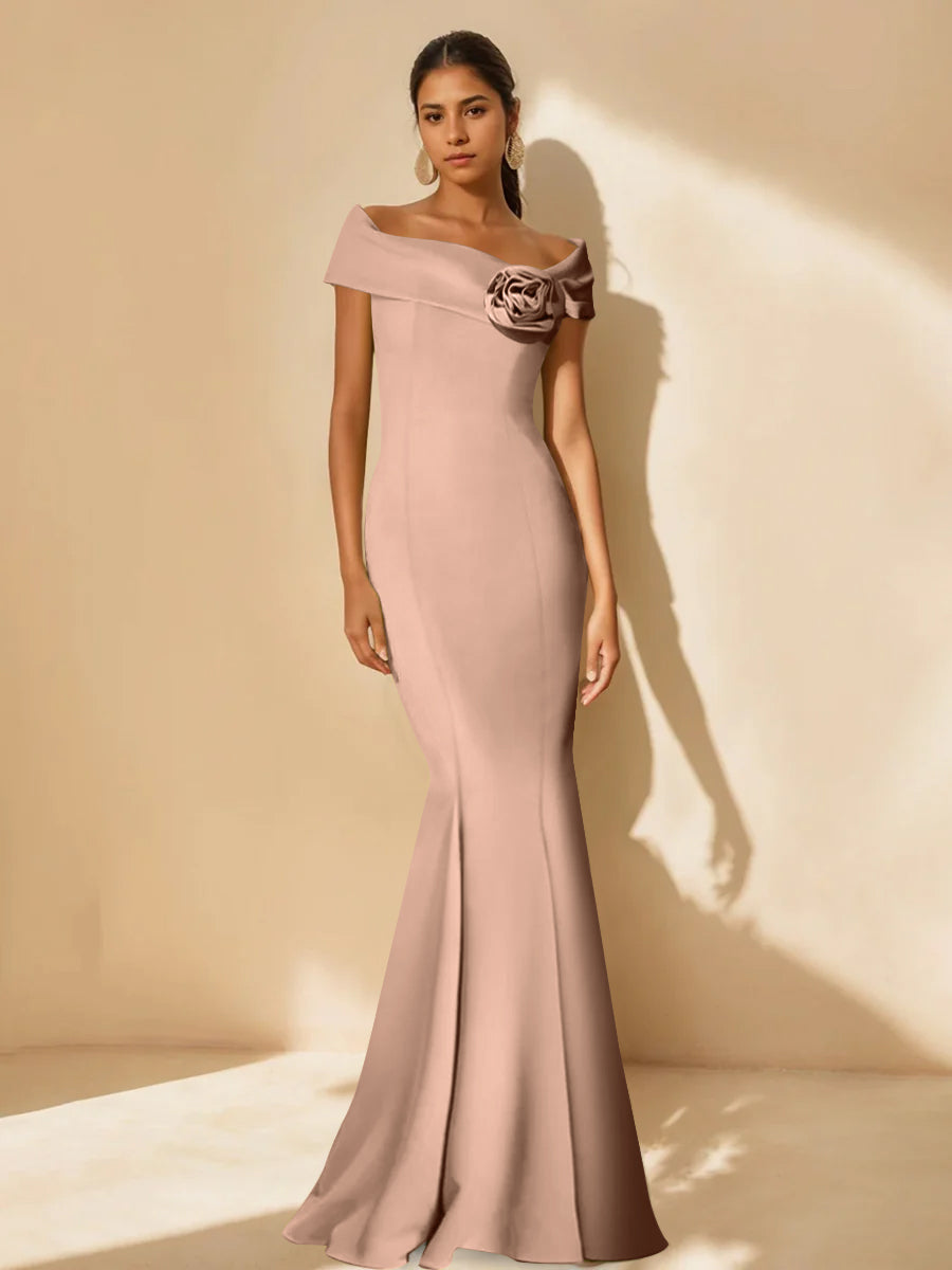 Minimalist Off the Shoulder Mother of the Bride Dress in Trumpet Mermaid Style with Detachable Flower