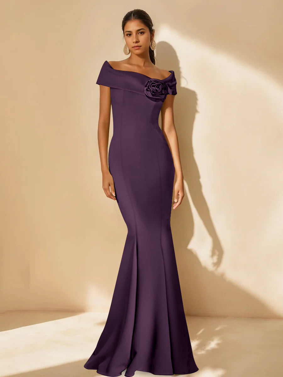 Minimalist Off the Shoulder Mother of the Bride Dress in Trumpet Mermaid Style with Detachable Flower