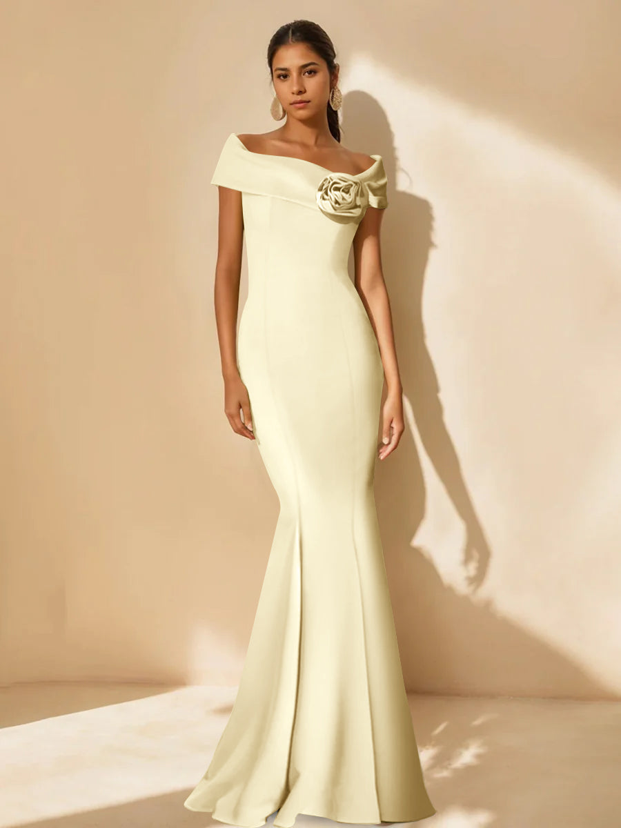 Minimalist Off the Shoulder Mother of the Bride Dress in Trumpet Mermaid Style with Detachable Flower