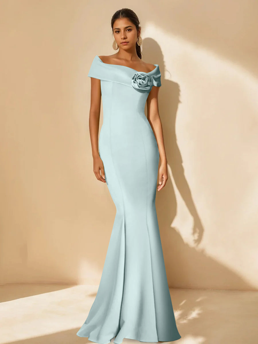 Minimalist Off the Shoulder Mother of the Bride Dress in Trumpet Mermaid Style with Detachable Flower