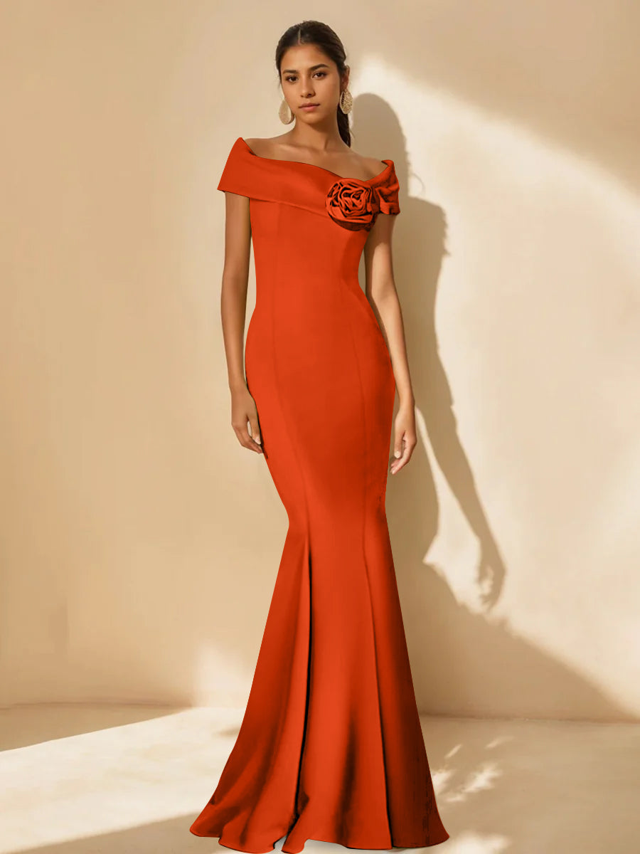 Minimalist Off the Shoulder Mother of the Bride Dress in Trumpet Mermaid Style with Detachable Flower