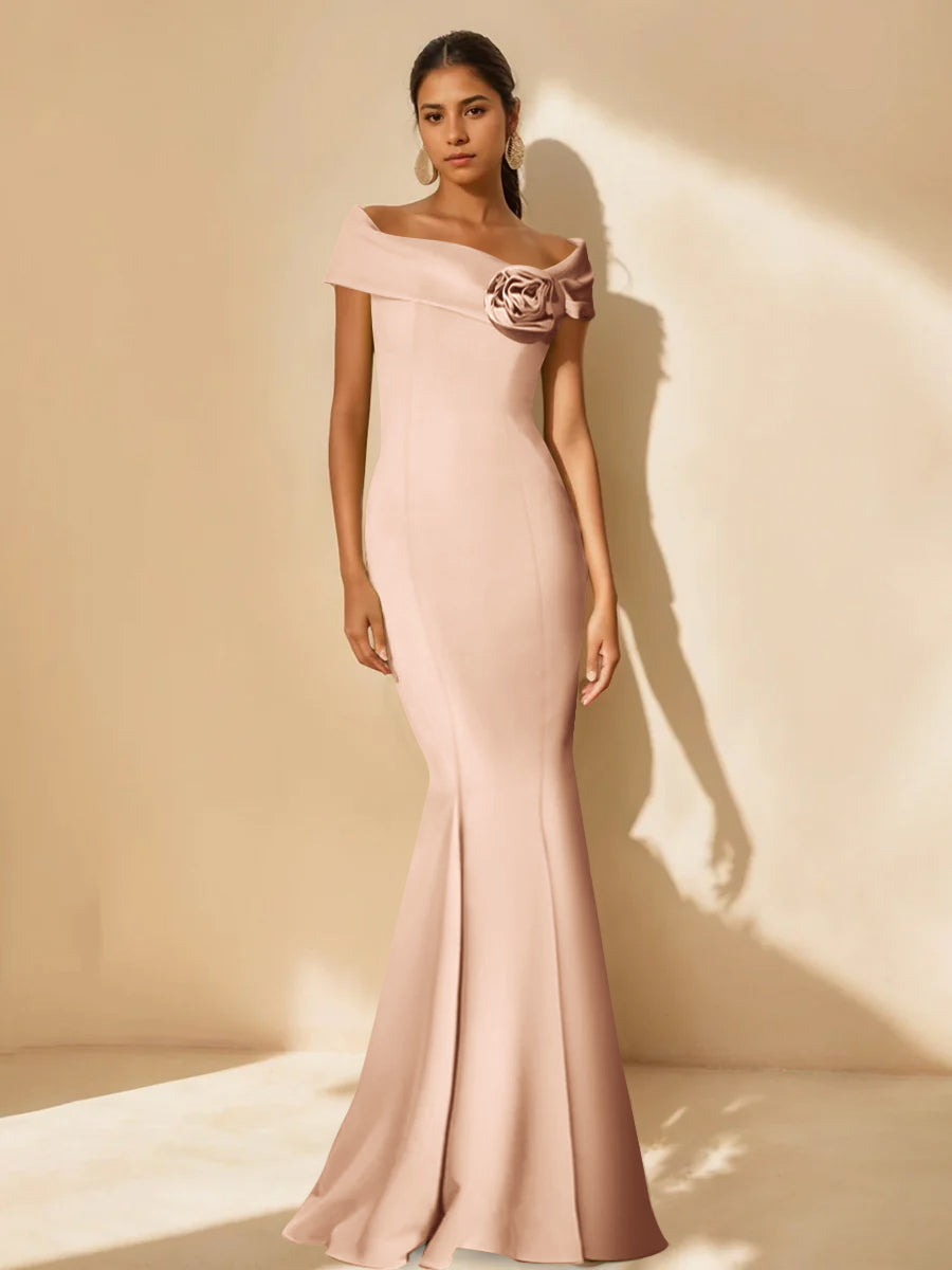 Minimalist Off the Shoulder Mother of the Bride Dress in Trumpet Mermaid Style with Detachable Flower