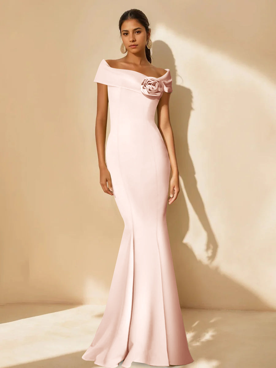 Minimalist Off the Shoulder Mother of the Bride Dress in Trumpet Mermaid Style with Detachable Flower