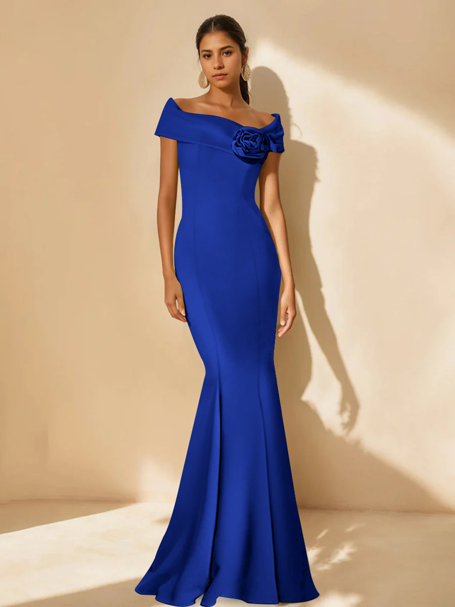 Minimalist Off the Shoulder Mother of the Bride Dress in Trumpet Mermaid Style with Detachable Flower
