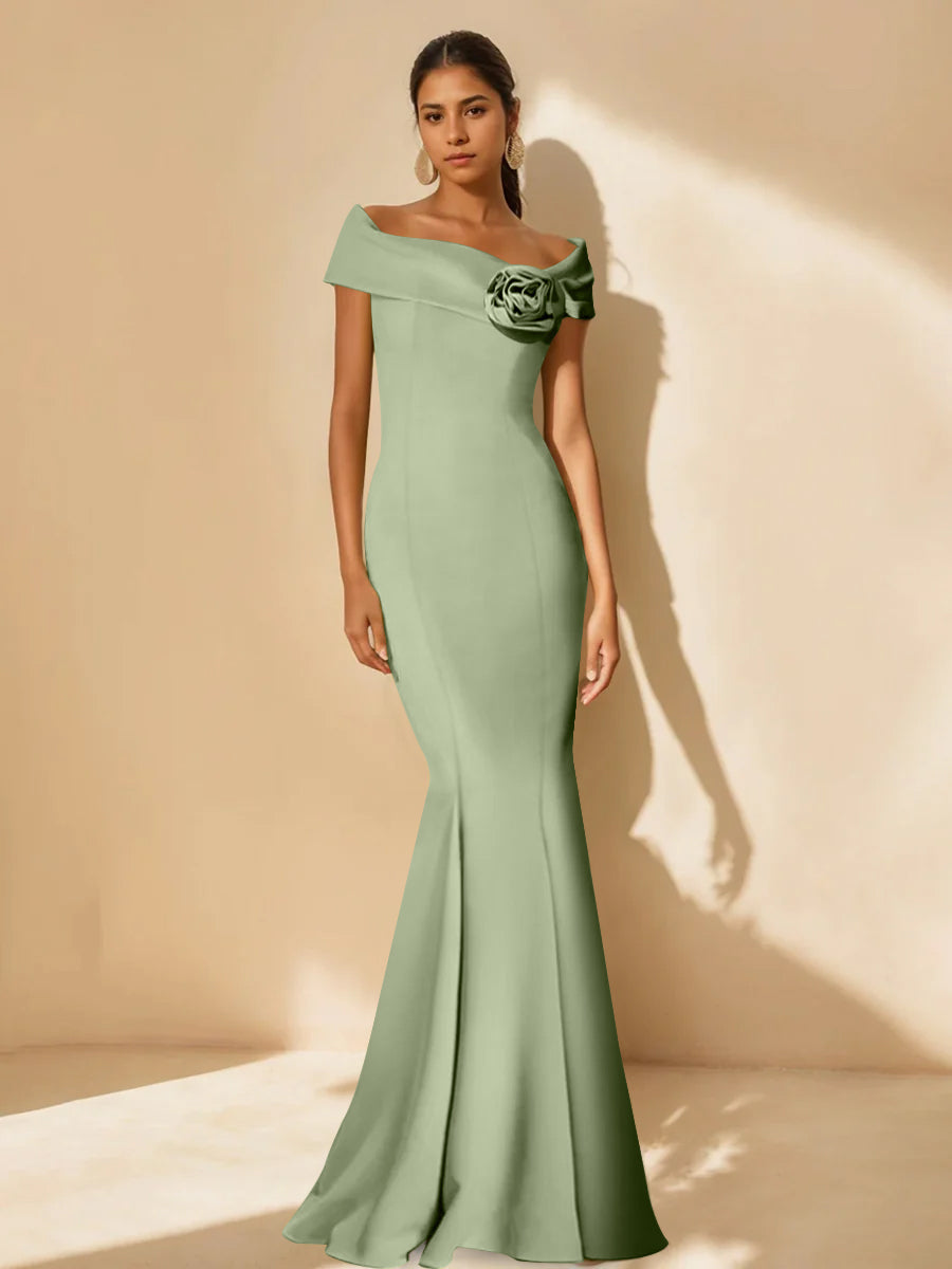Minimalist Off the Shoulder Mother of the Bride Dress in Trumpet Mermaid Style with Detachable Flower