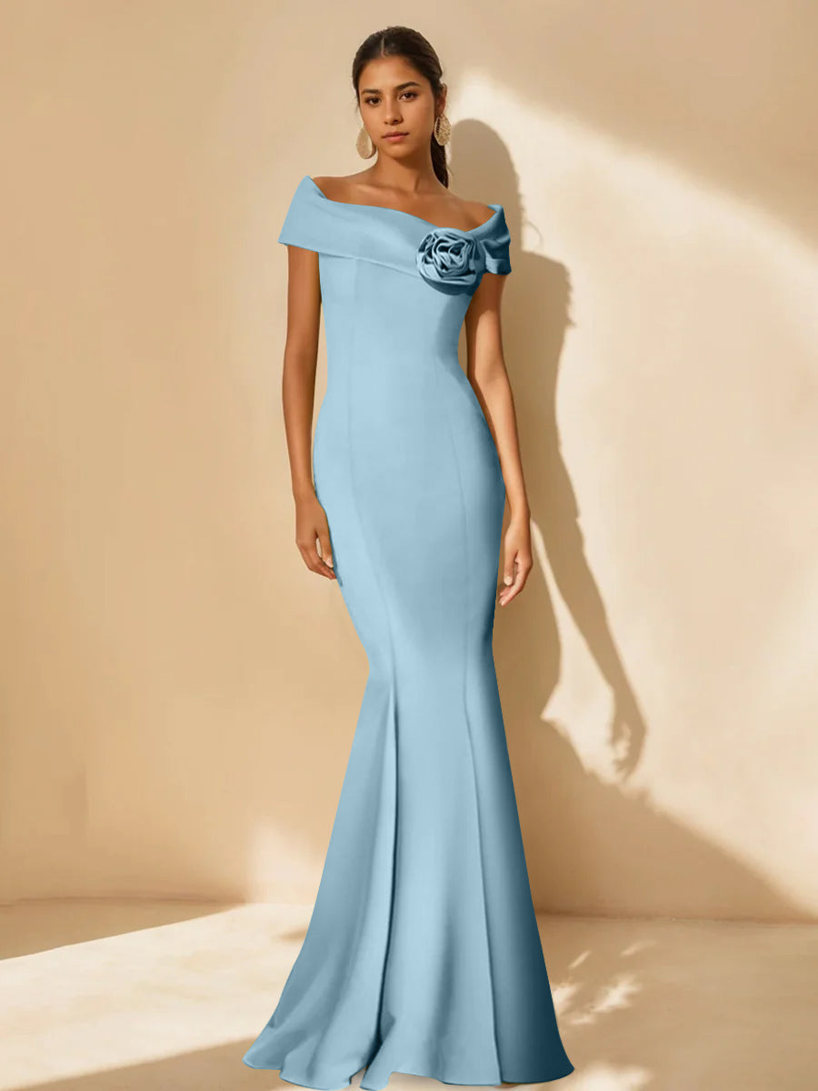 Minimalist Off the Shoulder Mother of the Bride Dress in Trumpet Mermaid Style with Detachable Flower