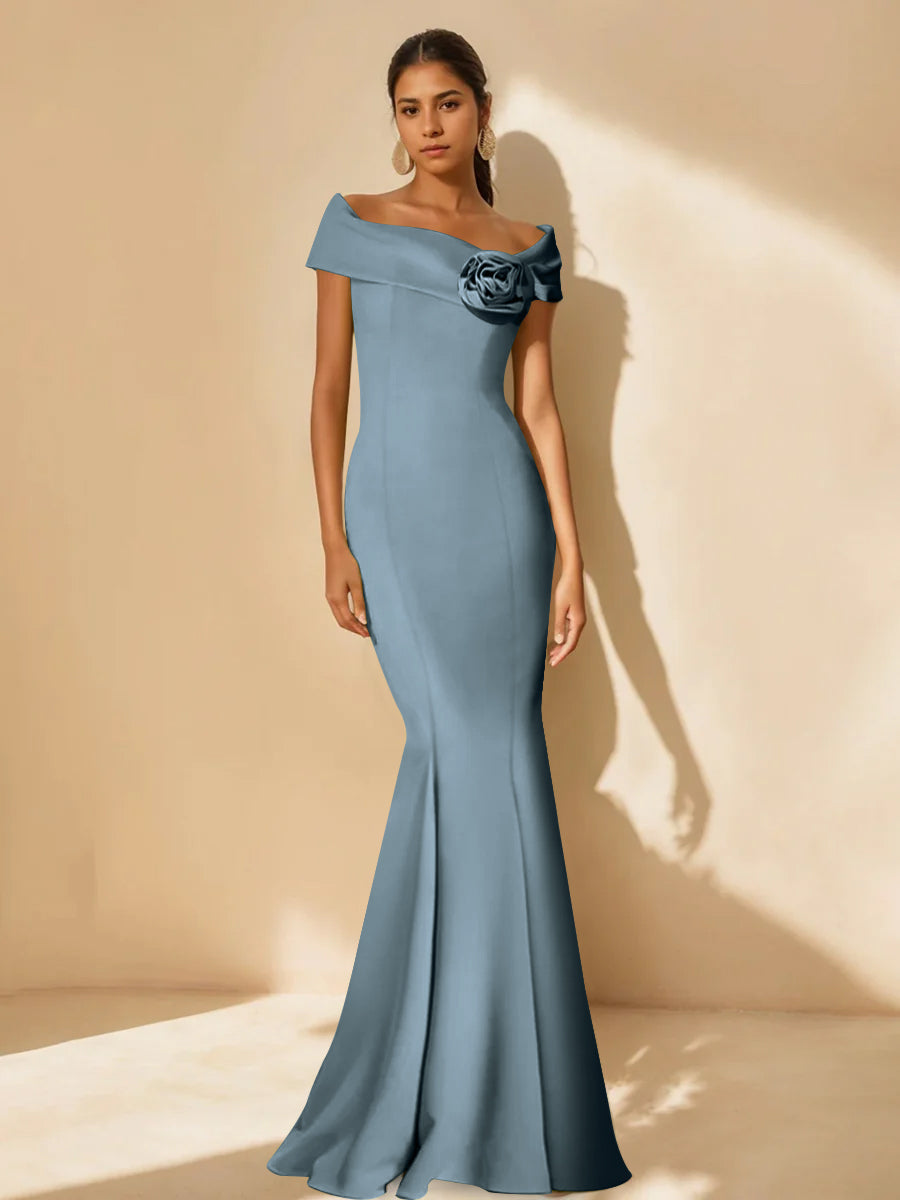Minimalist Off the Shoulder Mother of the Bride Dress in Trumpet Mermaid Style with Detachable Flower