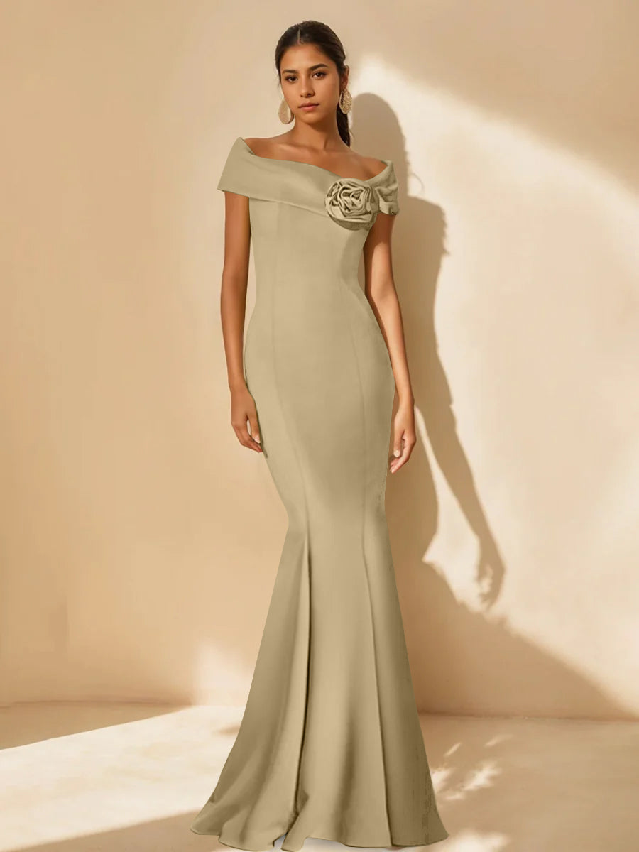 Minimalist Off the Shoulder Mother of the Bride Dress in Trumpet Mermaid Style with Detachable Flower