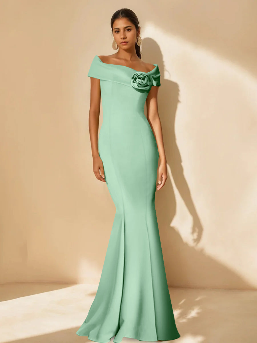 Minimalist Off the Shoulder Mother of the Bride Dress in Trumpet Mermaid Style with Detachable Flower