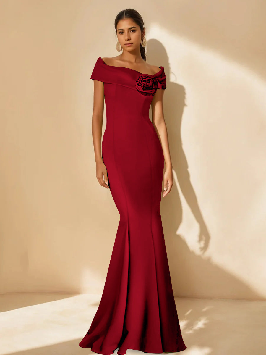Minimalist Off the Shoulder Mother of the Bride Dress in Trumpet Mermaid Style with Detachable Flower