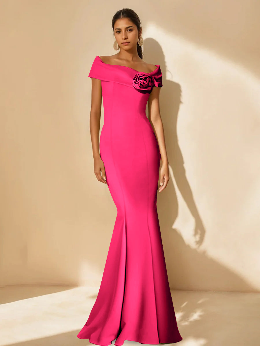 Minimalist Off the Shoulder Mother of the Bride Dress in Trumpet Mermaid Style with Detachable Flower