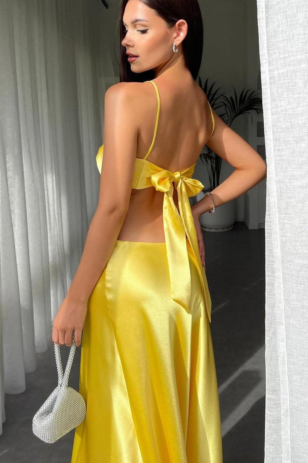 Suzhoufashion Royal Blue Satin Cutout Prom Dress With Bow Bodice Spaghetti Straps Formal Evening Gown