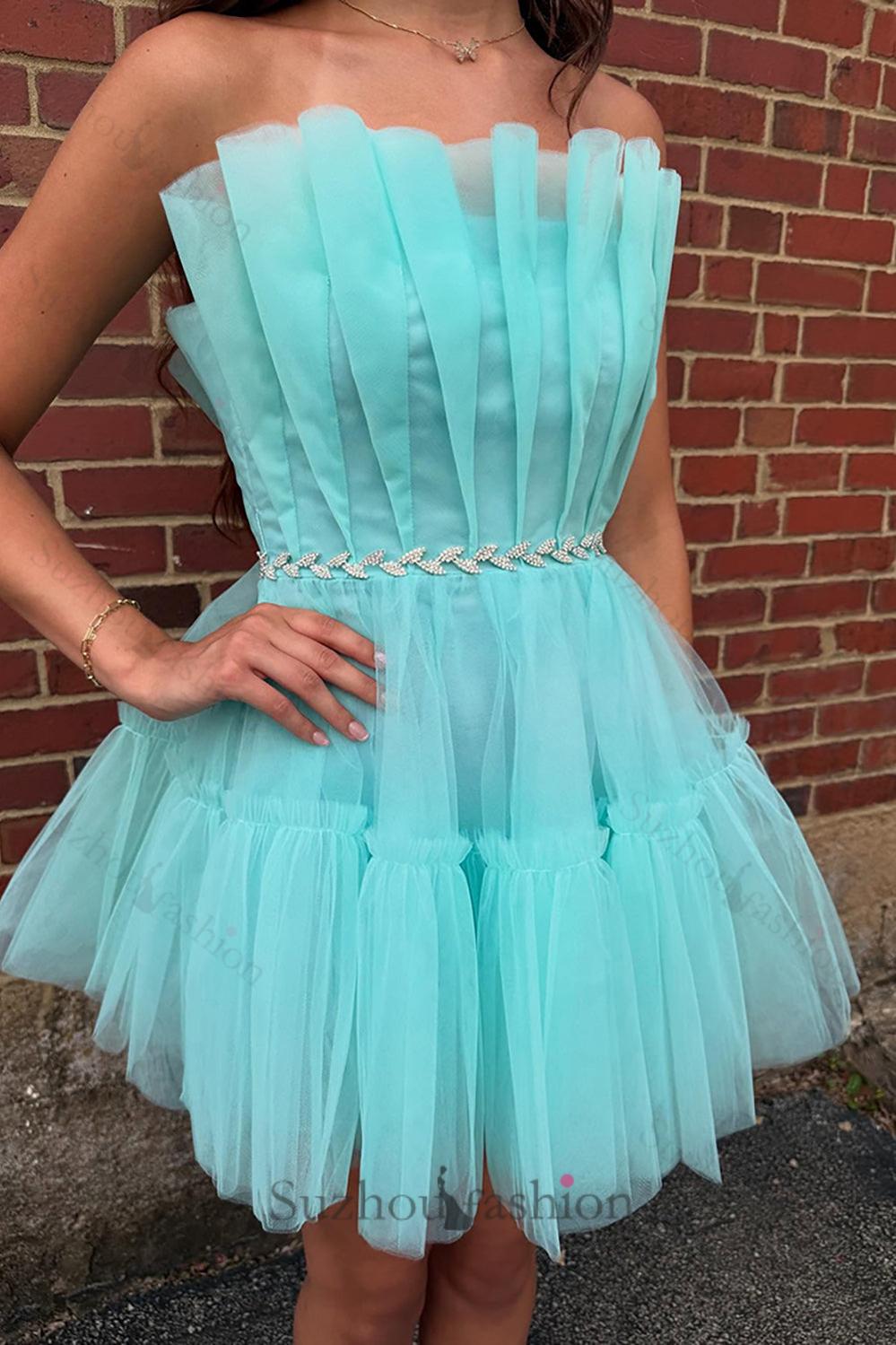 Ruched A Line Homecoming Dresses Ruffled Strapless Short Cocktail Dresses