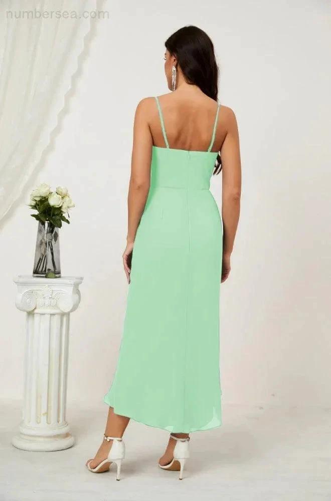ZapDress Spaghetti Chiffon V Neck Bridesmaid Dress Mid-Length Slit Formal Prom Dress Homecoming Dress 2803 (ZD16952)
