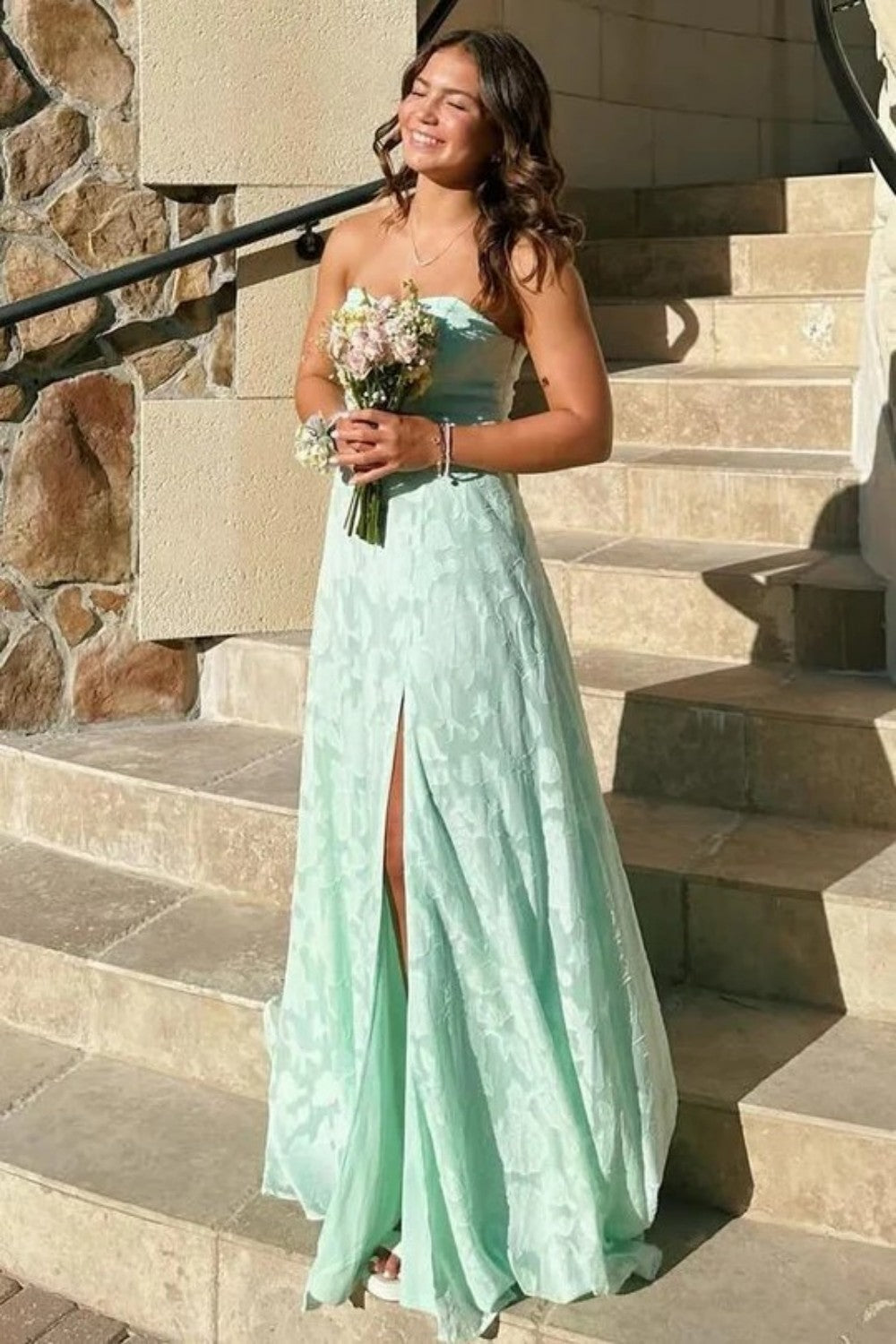 Beautiful A Line Sweetheart Mint Green Long Prom Dress with Split Front - VelvetHem