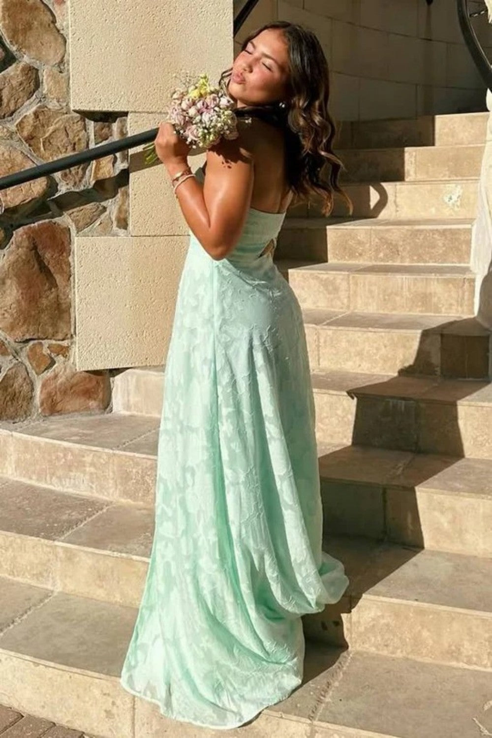 Beautiful A Line Sweetheart Mint Green Long Prom Dress with Split Front - View 2 | VelvetHem