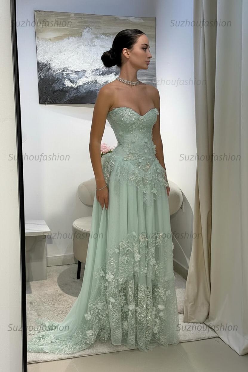 Strapless Sleeveless Long Evening Formal Dress With Pleated Appliques