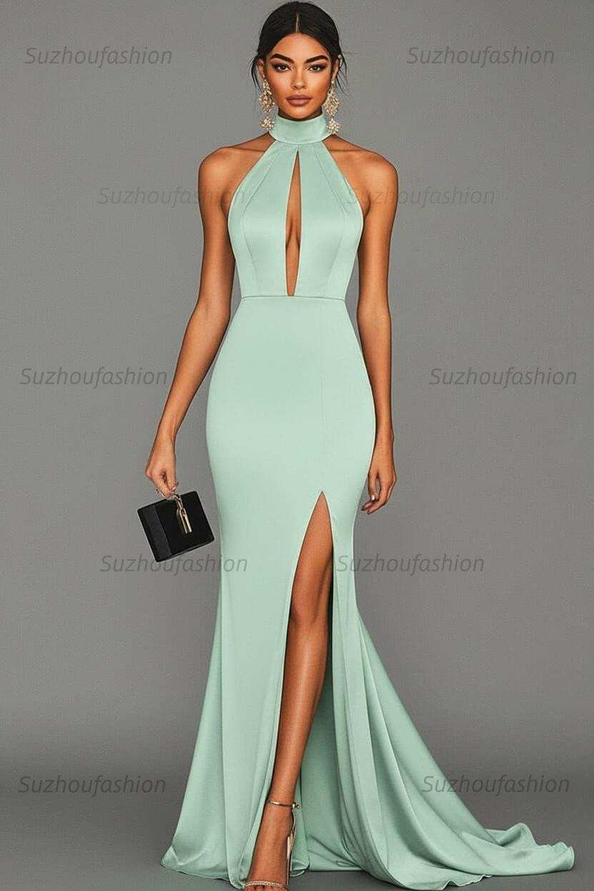 Satin Black Wedding Guest Dress Mermaid Halter Neck Formal Dress