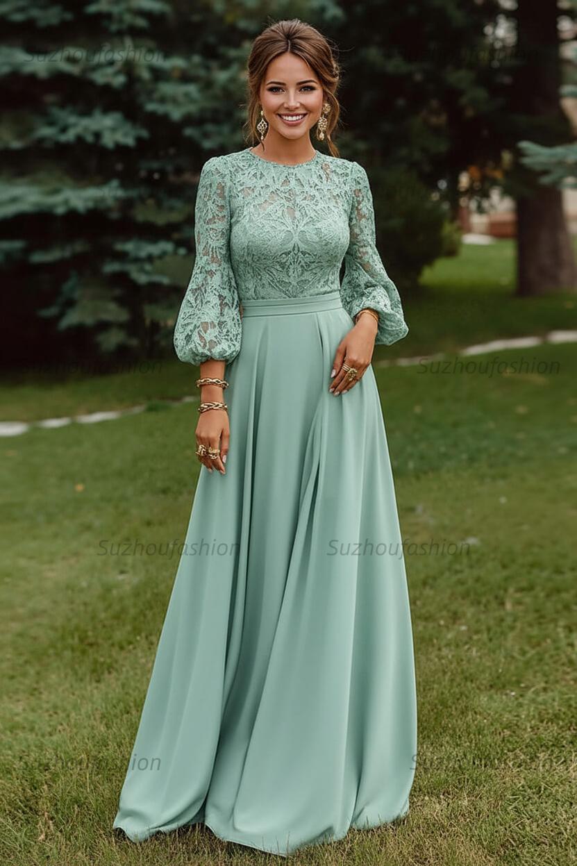 Lace Dusty Rose Puff Sleeves A Line Floor Length Mother Of The Bride Dress