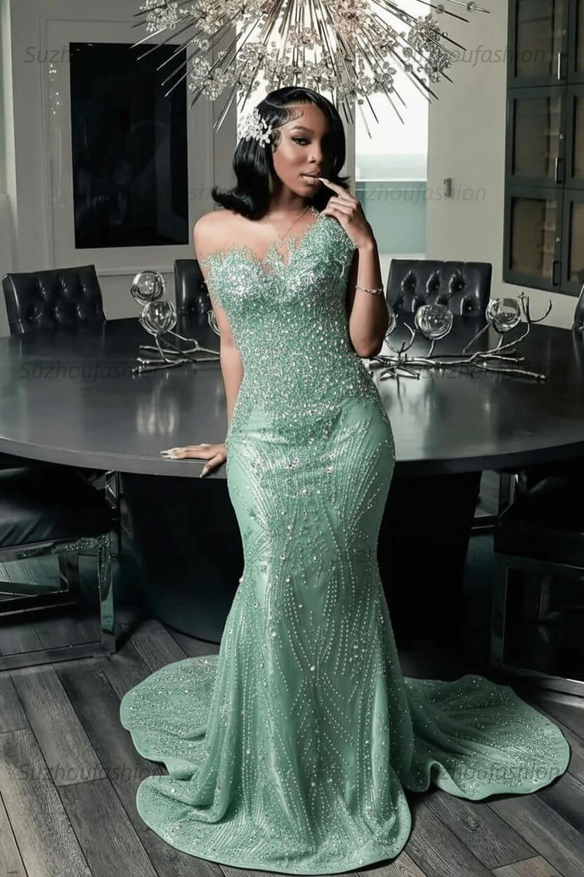 Green Mermaid Prom Dress Sleeveless Formal Evening Dress with Beadings and Rhinestones