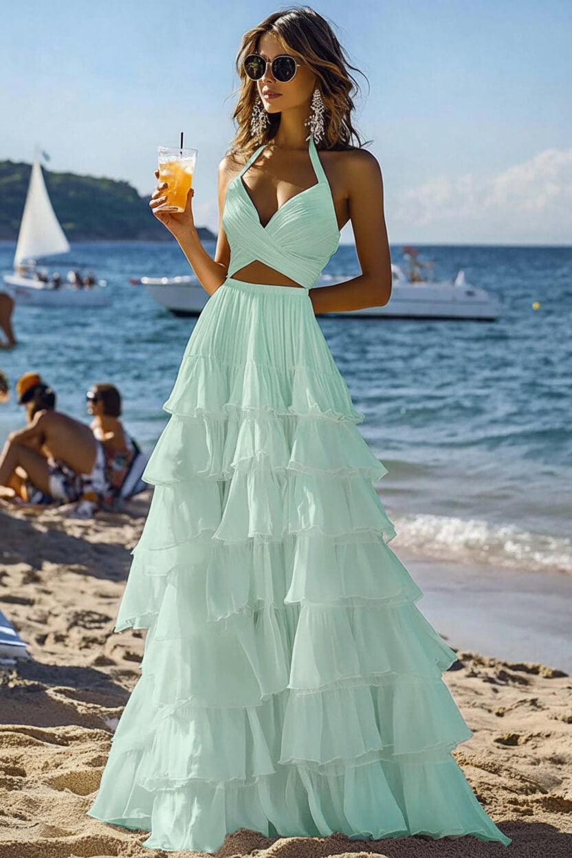 Halter Tiered White 2 Piece Ruffled Formal Dress