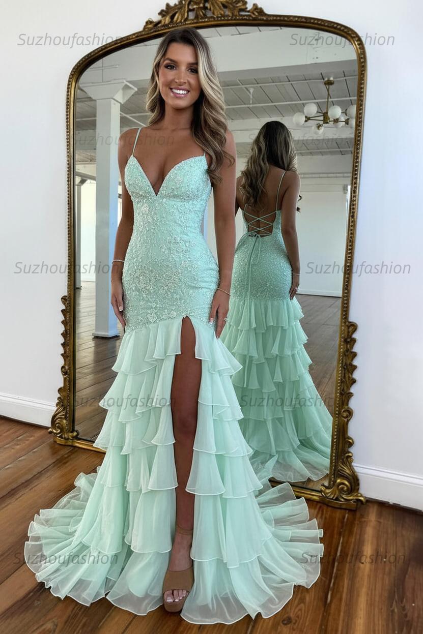 Suzhoufashion Mermaid Spaghetti Straps Lace Up Long Prom Dress With Ruffle Skirt Formal Evening Gown