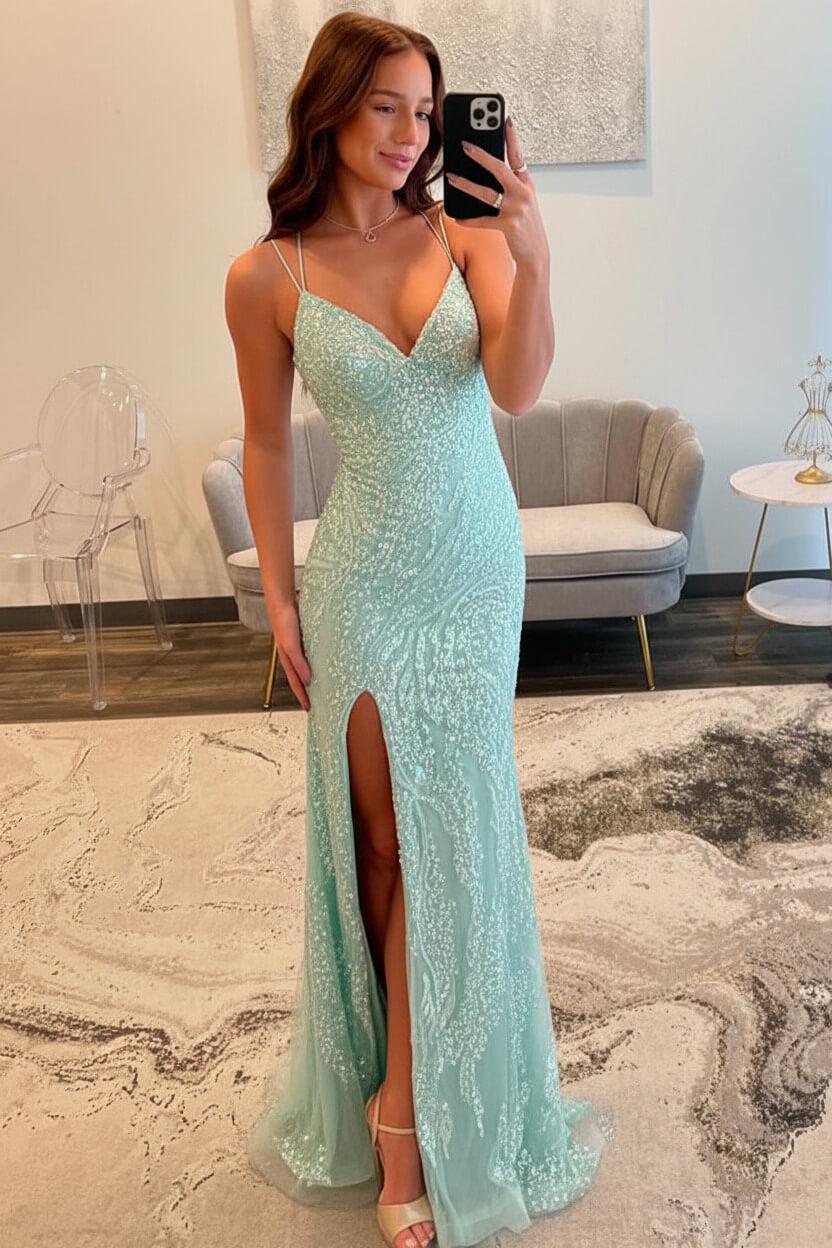 Suzhoufashion Silver Sequin Spaghetti Strap Mermaid Slit Prom Dress With Crisscross Lace-Up Back Formal Evening Gown
