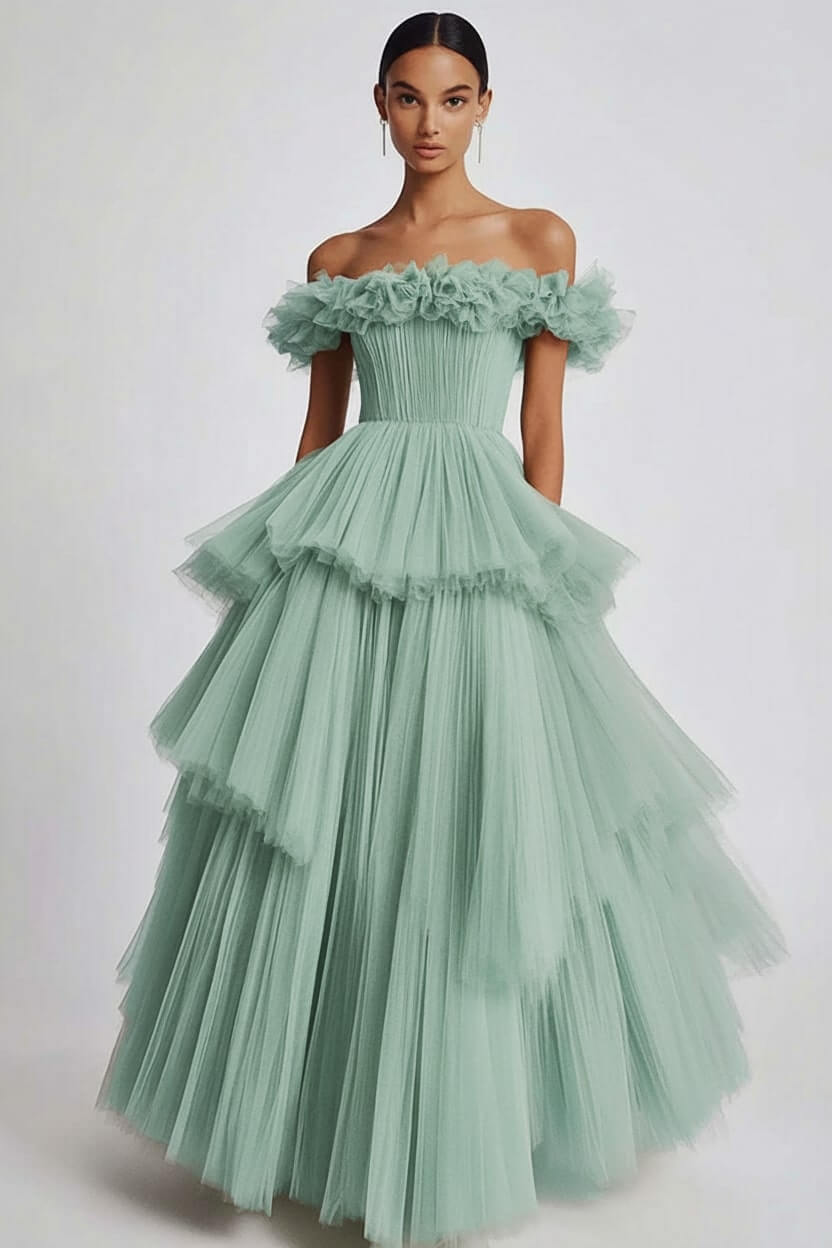 Dusty Sage Prom Dress Tulle Off The Shoulder Ball Gown Formal Dress With Ruffles