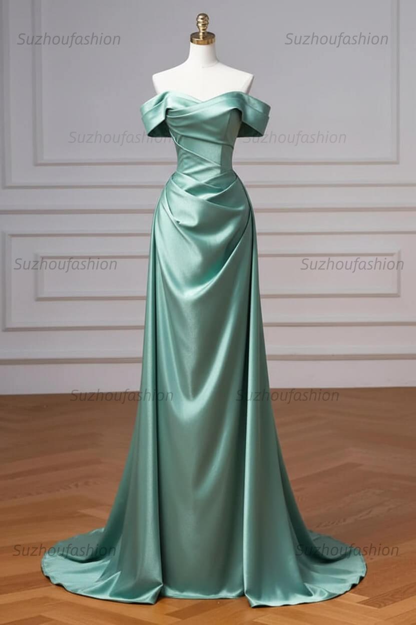 Navy Prom Dress Blue Off The Shoulder Formal Dress with Detachable Train