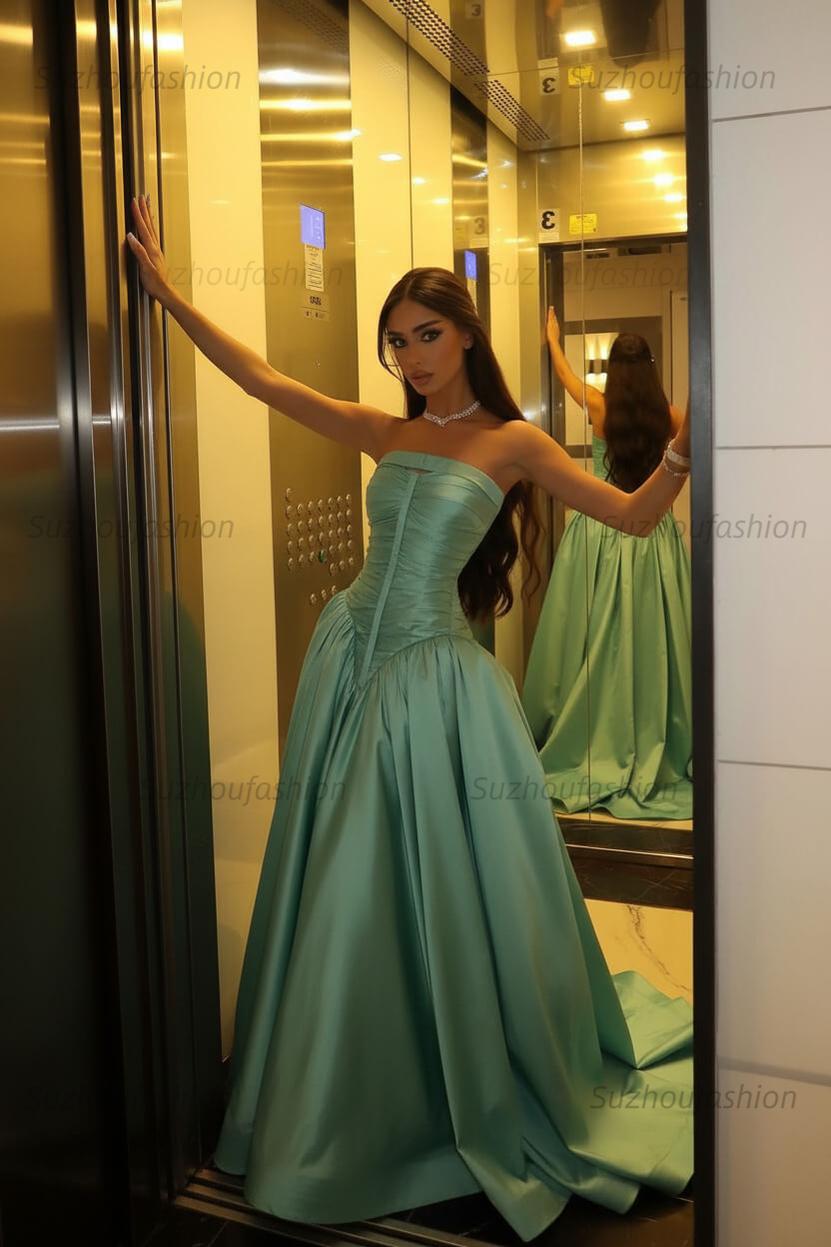 Suzhoufashion Beauty A Line Strapless Red Satin Long Prom Dress With Ruched Formal Evening Gown