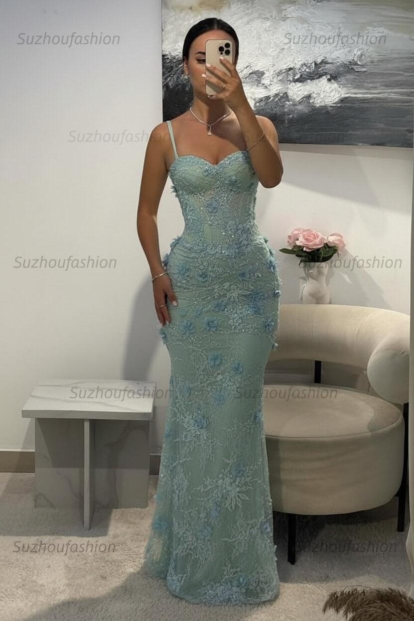 Suzhoufashion Light Blue 3D Floral Lace Beaded Mermaid Prom Dress With Illusion Corset Bodice Formal Evening Gown