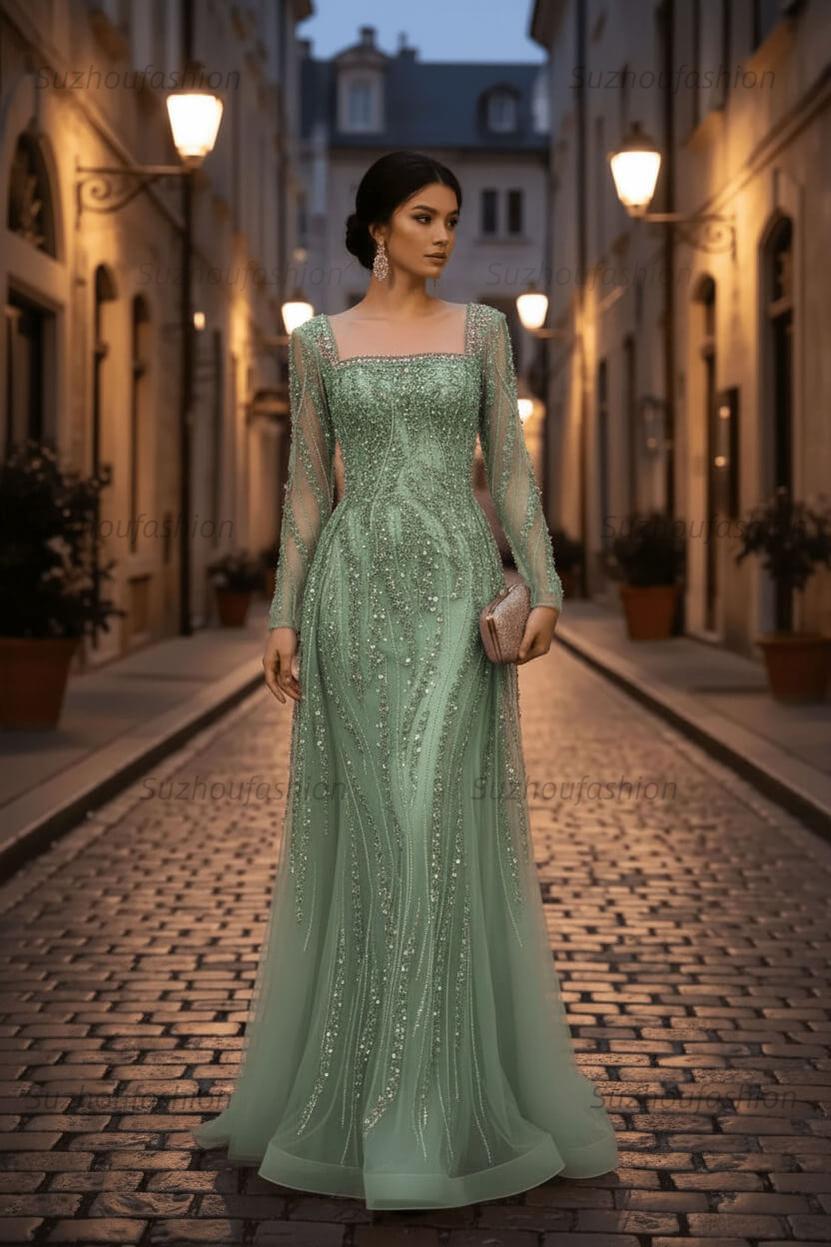 Square Neck Long Sleeves Long Mermaid Evening Formal Dress With Beading Tulle