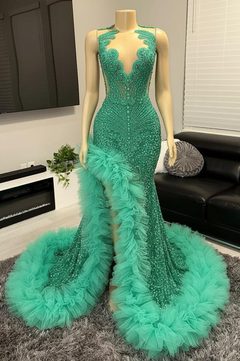 V-neck Prom Dress Orange Beaded Tulle Ruffles Sequin Formal Evening Party Dress