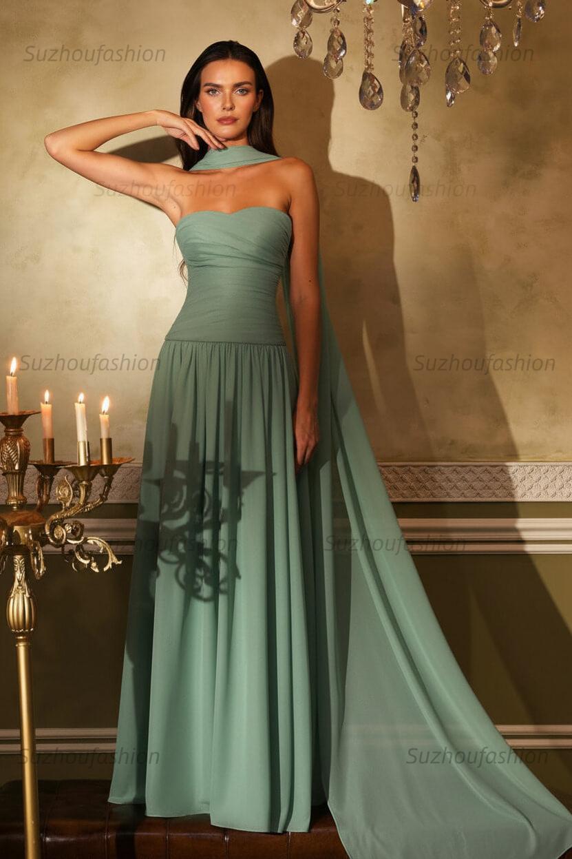 Chiffon Strapless Sleeveless Long Evening Formal Dress With Ruffled Pleated