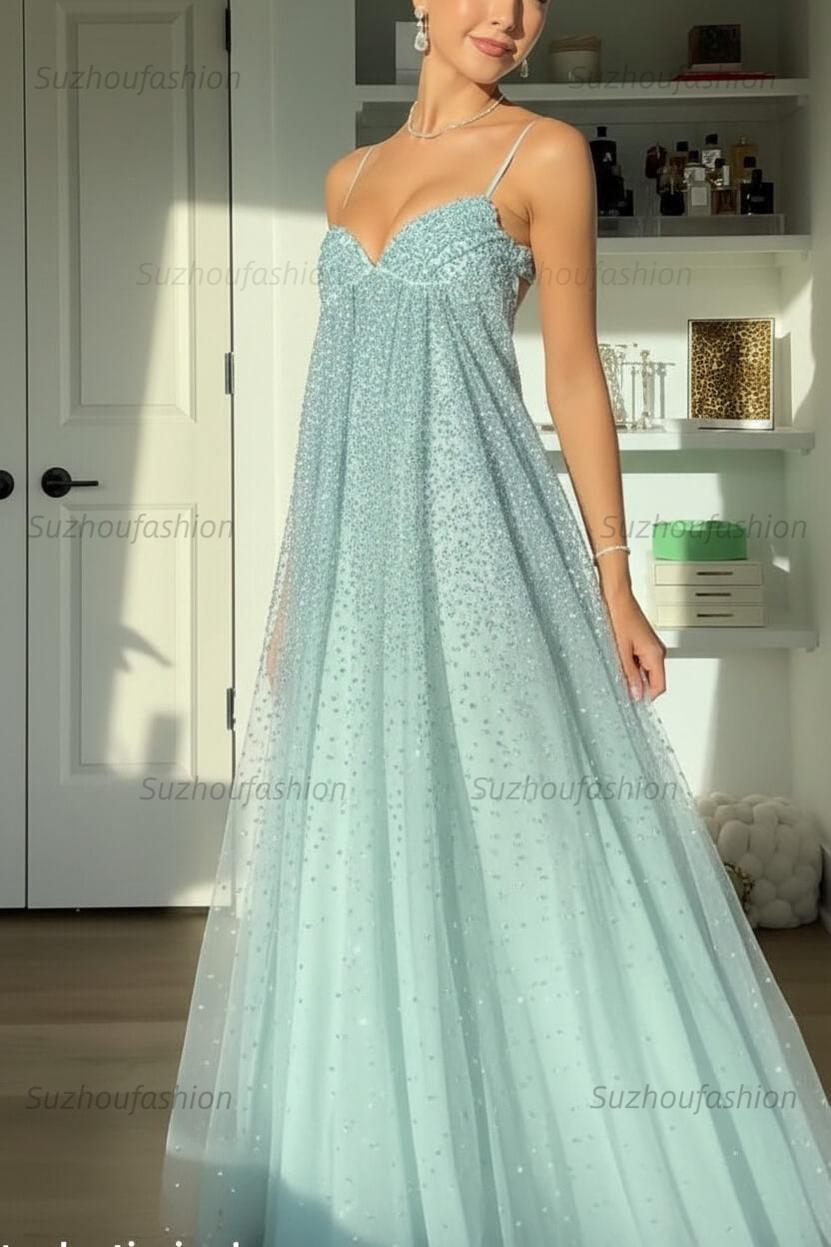 Suzhoufashion Bling A Line Spaghetti Straps Grey Blue Long Party Dress With Beading Formal Evening Gown
