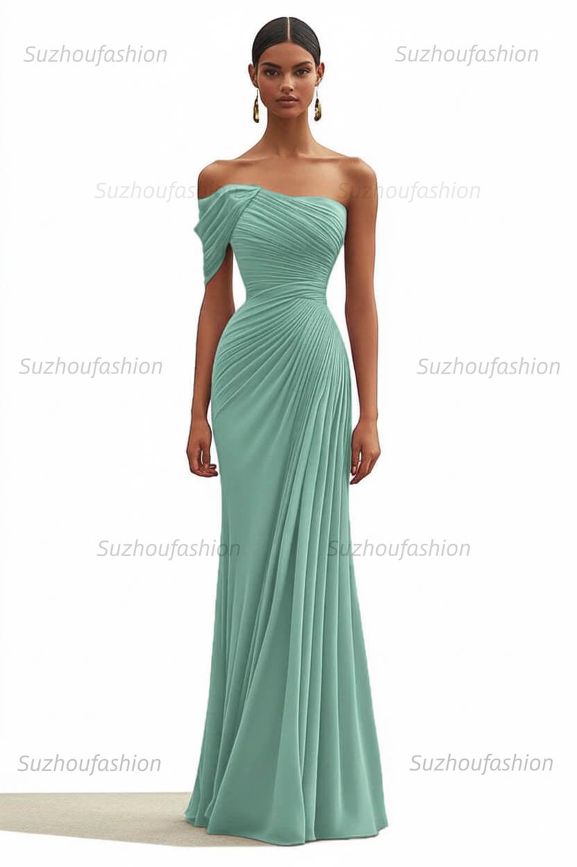 One Shoulder Ruched Mermaid Dark Green Wedding Guest Dress Long Formal Dress