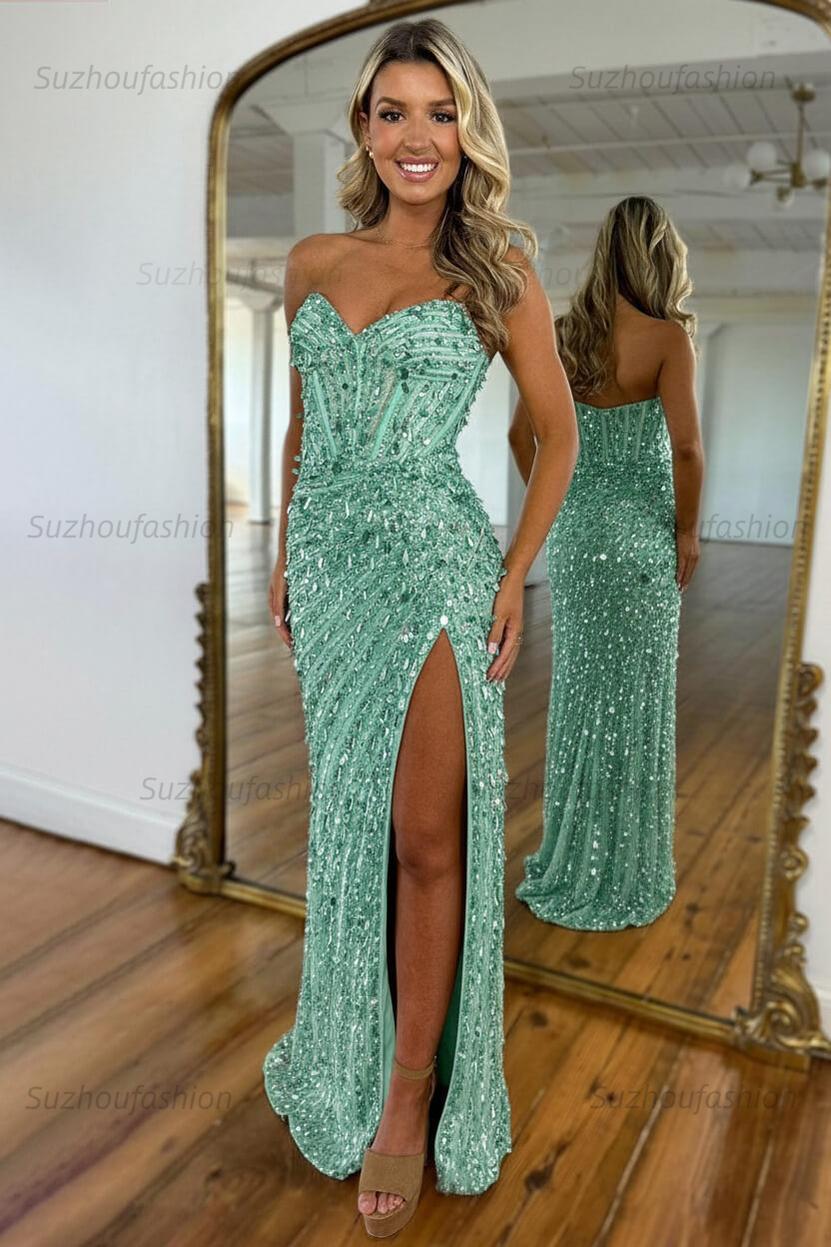 Sequined Prom Dress Sweetheart Mermaid With High Slit Skirt Formal Evening Gown