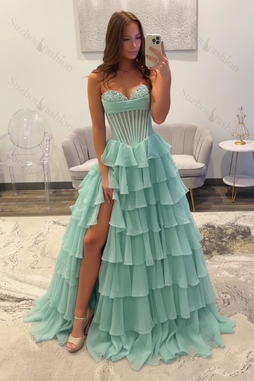 Ruffled Black Prom Dress A Line Corset Long Formal Dress With Beadings