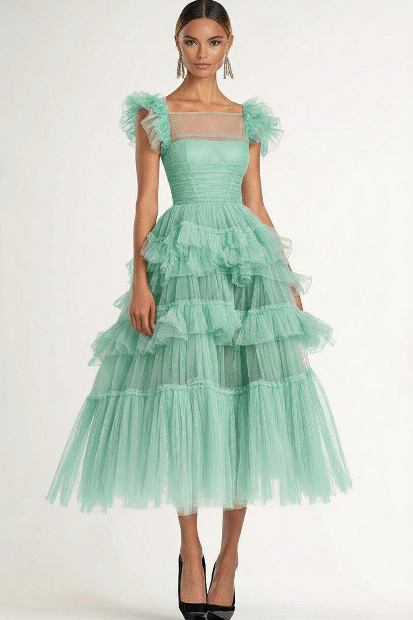 Tea Length Black Wedding Guest Dress A-Line Flatter Sleeves Tulle Formal Dress With Ruffles