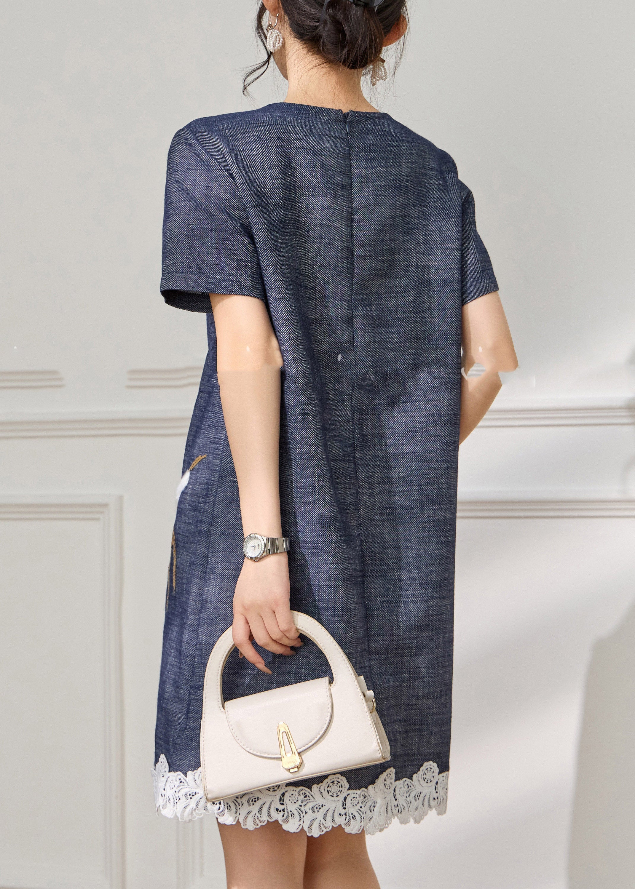 Modern Blue O-Neck Embroidered Mid Dress Summer