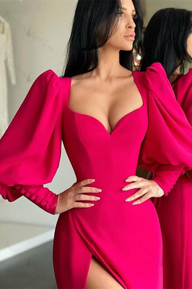 Modern Bubble sleeves Sweetheart Red Side-cut Mermaid Evening Prom Dresses