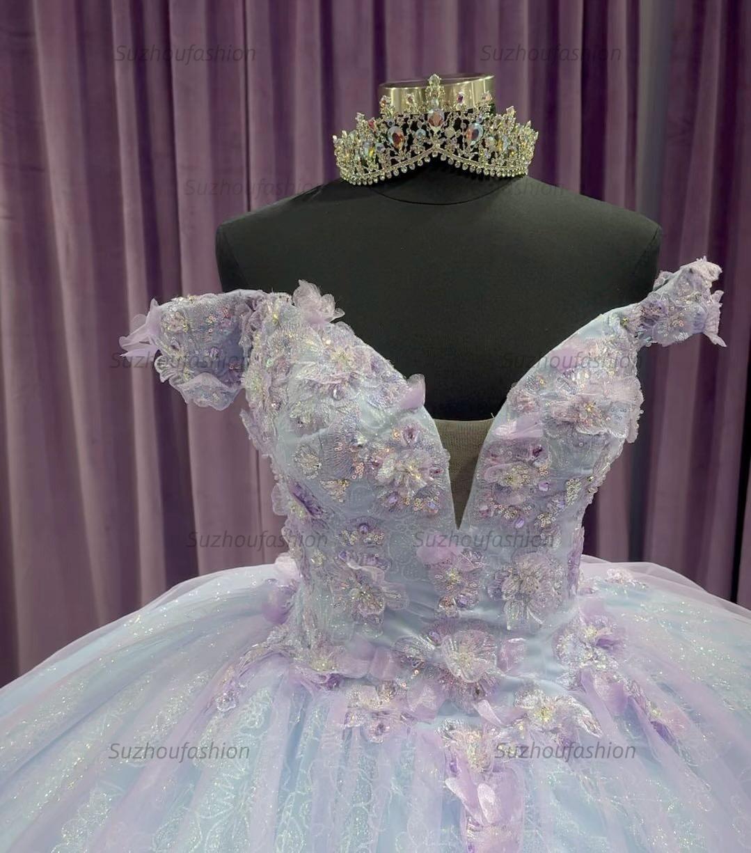 Modern & Chic Ball Gown Off Shoulder V Neck 3D Flower Applique Princess Birthday Evening Party Gown Quinceanera Dress For Sweet 16