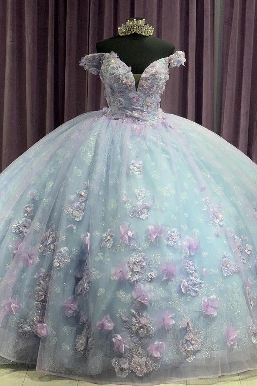 Modern & Chic Ball Gown Off Shoulder V Neck 3D Flower Applique Princess Birthday Evening Party Gown Quinceanera Dress For Sweet 16