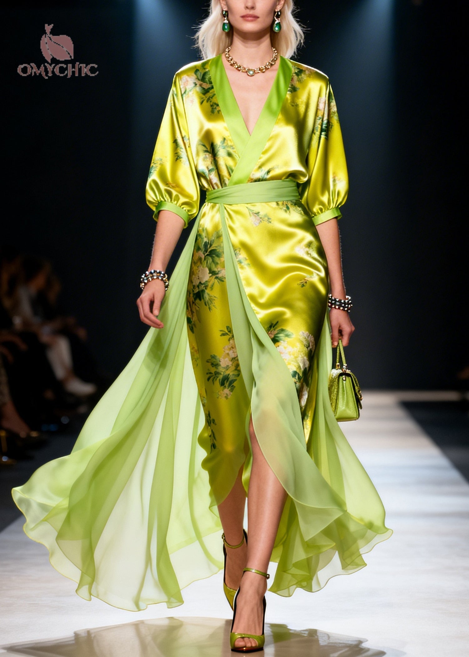 Modern Green Print Patchwork Exra Large Hem Silk Dress Summer