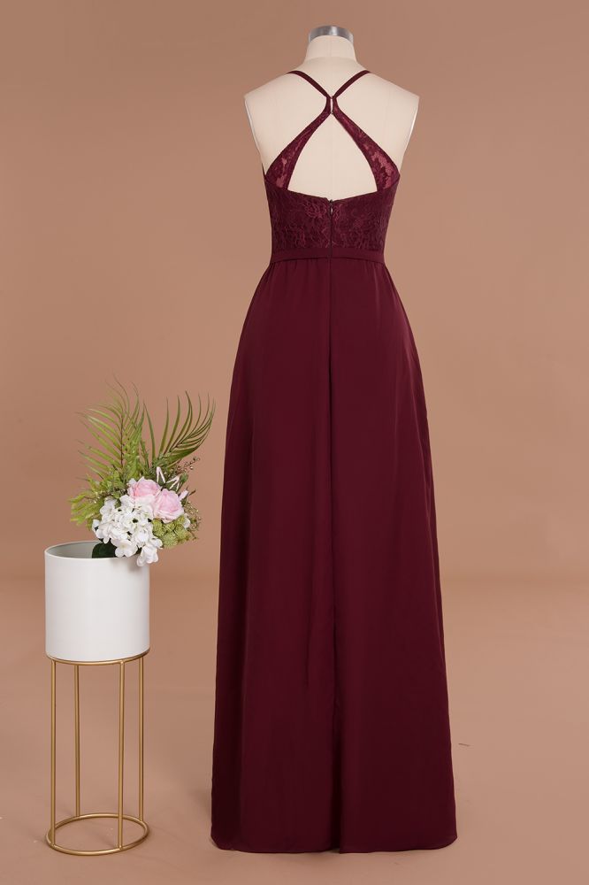 Modern Lace Spaghetti Straps Bridesmaid Dresses Sleeveless With Side Slit