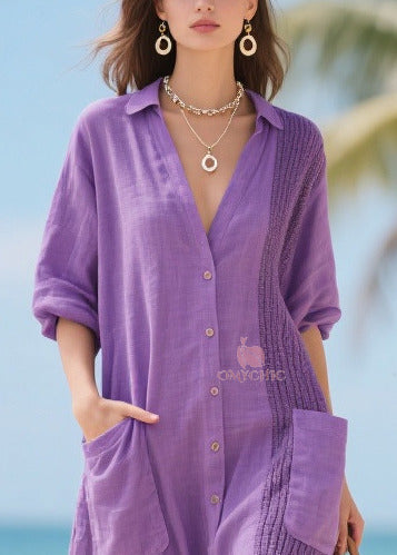 Modern Lavender Oversized Patchwork Pockets Cotton Dress Spring