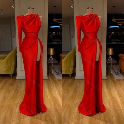 Modern Long Red Mermaid  Split Prom Dress With Long Sleeve