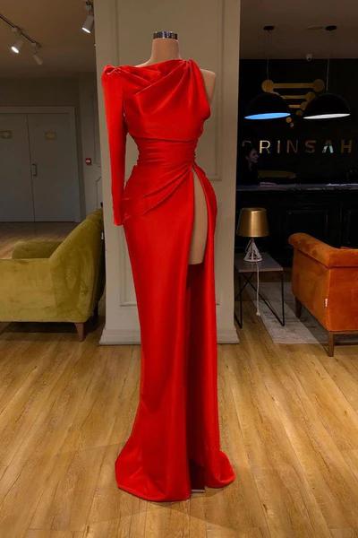 Modern Long Red Mermaid  Split Prom Dress With Long Sleeve